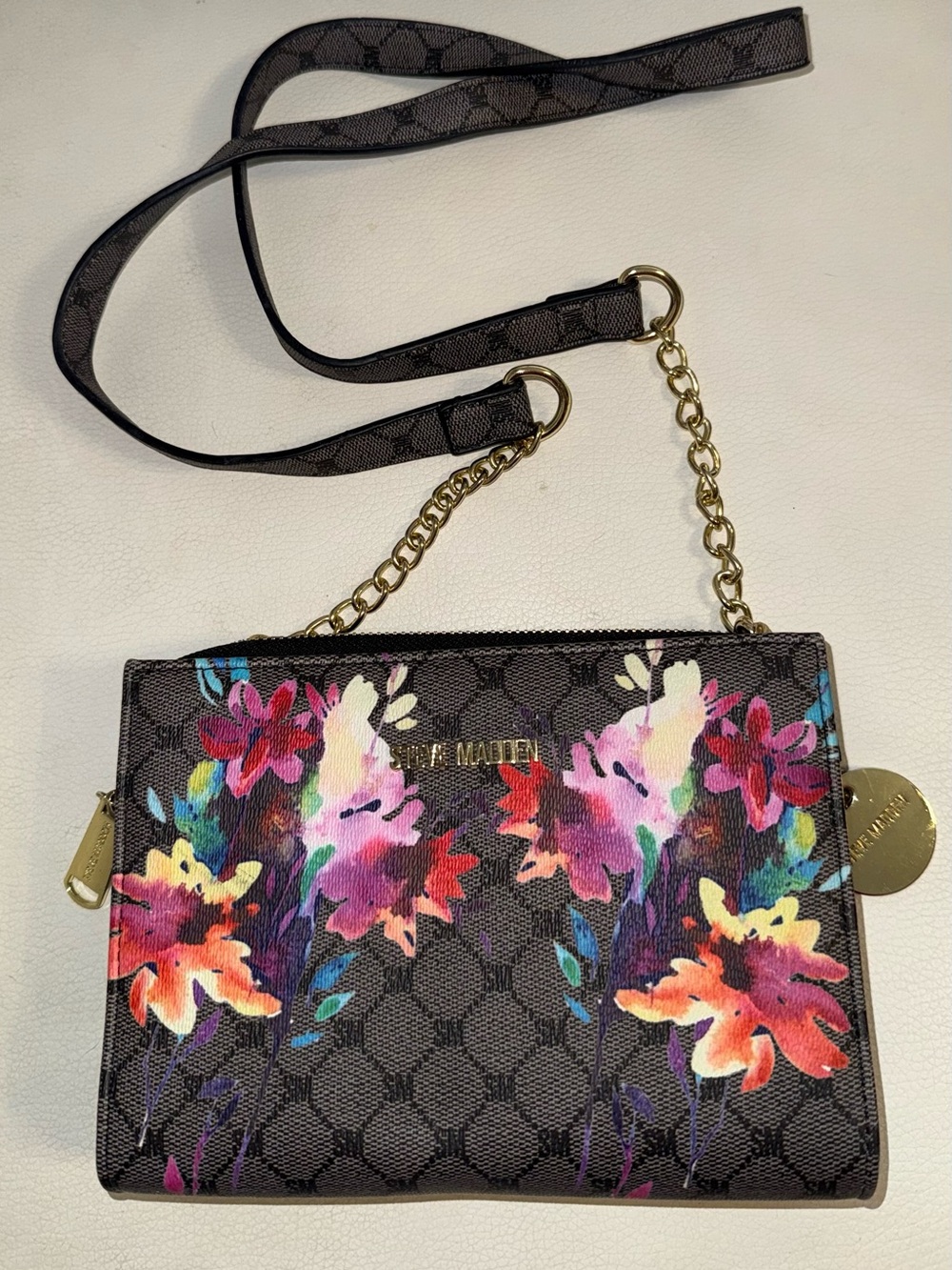 Steve Madden Black Floral Crossbody with Gold Chain